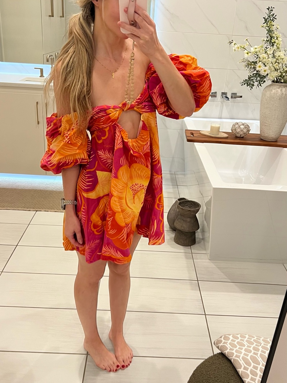 FARM Rio summer garden mini dress puff sleeve off the shoulder tie back keyhole